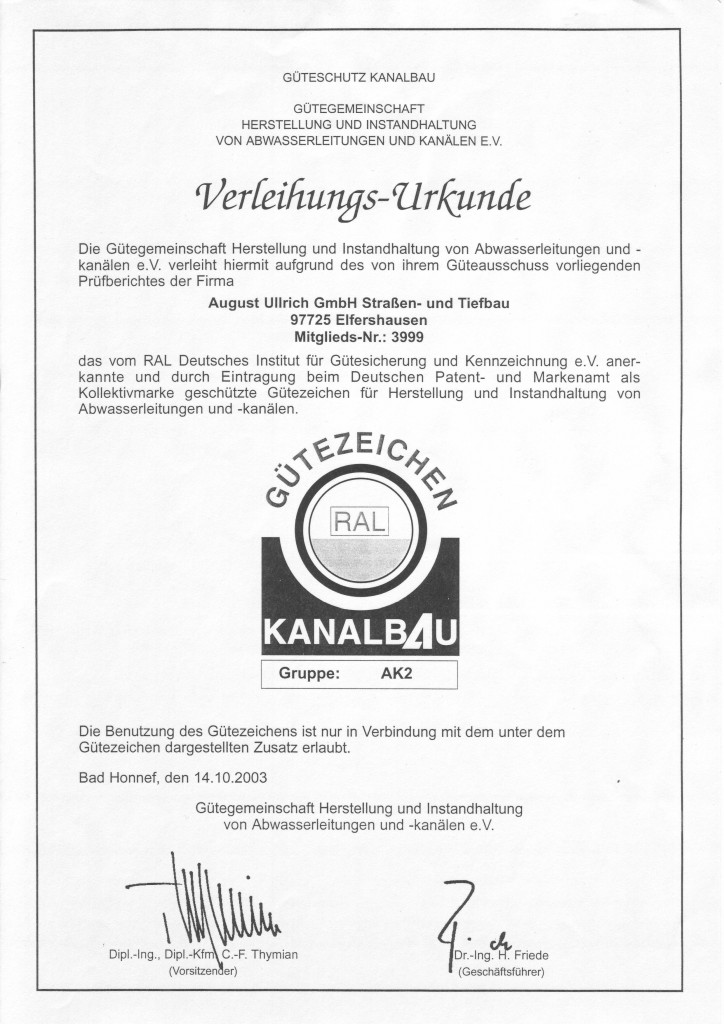 Urkunde Güteschutz Kanalbau Urkunde Güteschutz Kanalbau
